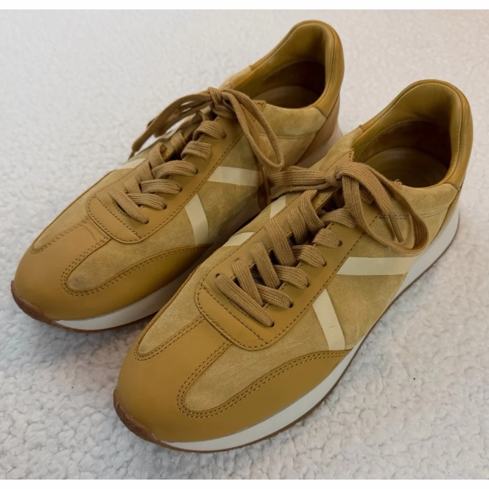 VINCE • Mustard Yellow Ohara Leather/Suede Lace-Up Oxford Sneakers, 10 - Picture 6 of 16